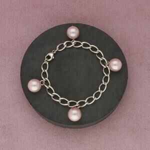 Sterling Silver Pearl Charm Bracelet Size 6.75in